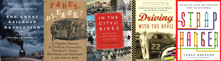 Five book covers featuring trains, trolleys, bicycles, and a transit map