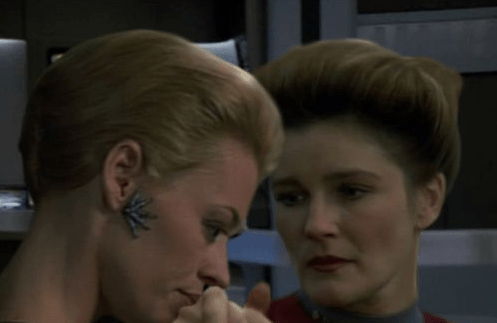 Jeri Ryan as Seven of Nine; Kate Mulgrew as Captain Kathryn Janeway