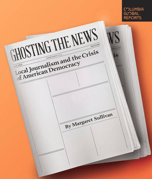 Cover for GHOSTING THE NEWS, depicting a newspaper that is mostly white space save for the masthead